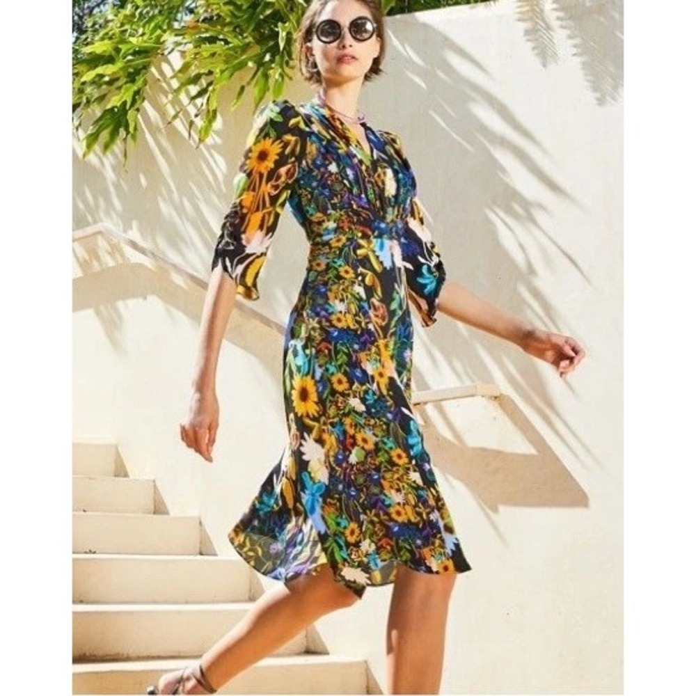 Kobi Halperin Silk Blend Floral V-Neck Midi Dress Black Multi Womens S